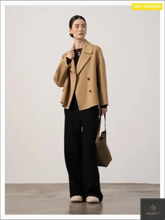 Cropped Wool Pea Coat Double Breasted Notched Lapel Chic Oversized Blazer Style - Picture 3 of 7